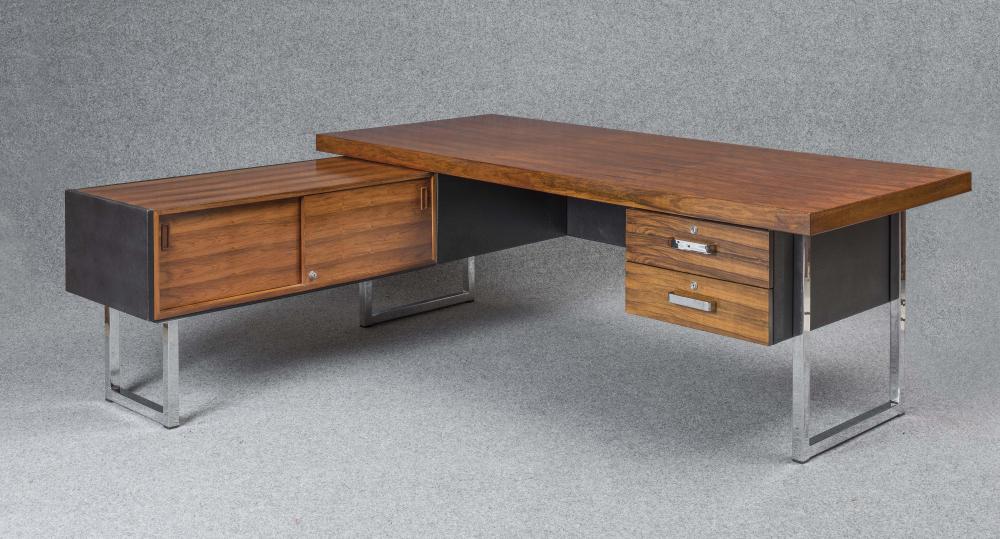 A GORDON RUSSELL ROSEWOOD VENEERED AND EBONISED VINYL DESK Image