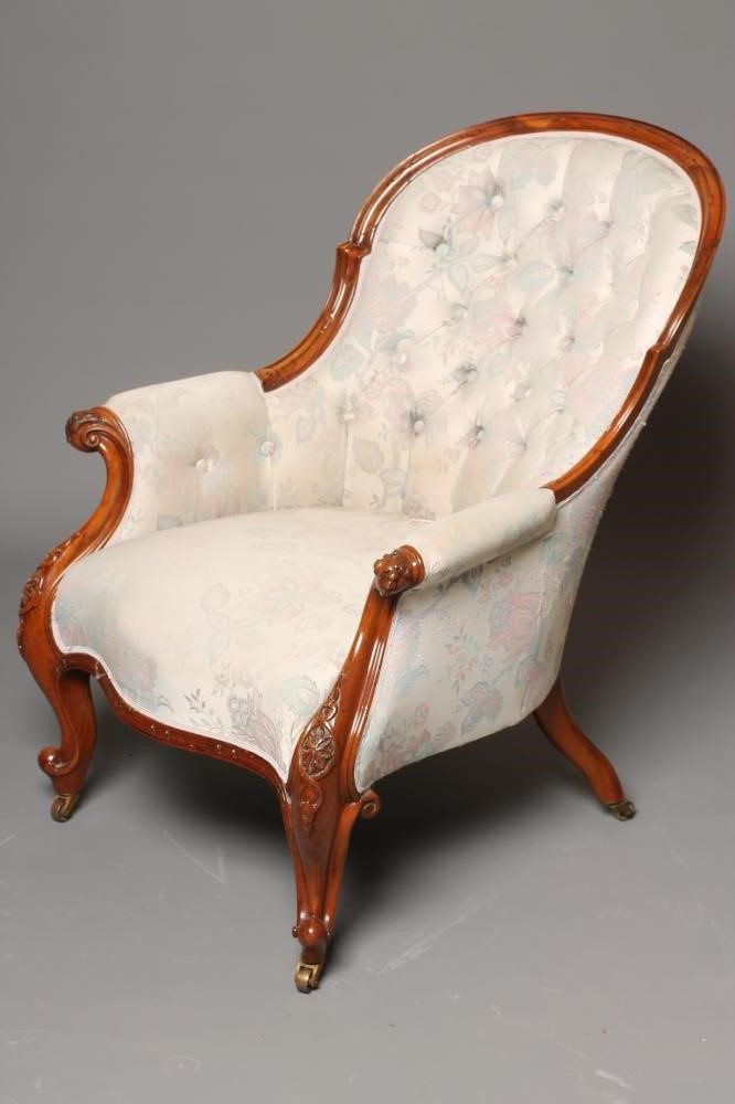A VICTORIAN WALNUT FRAMED SALON ARMCHAIR of spoon back form Image