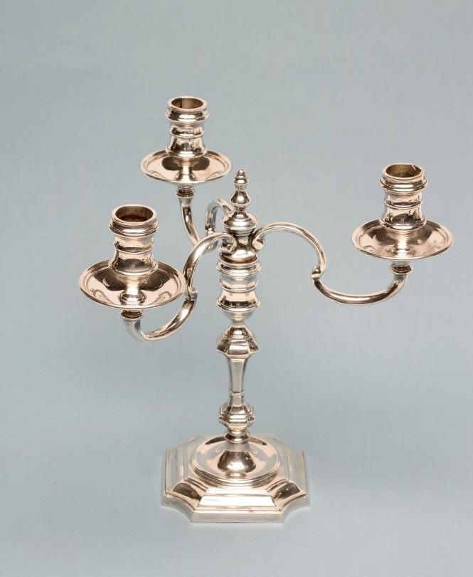 A GEORGE I STYLE SILVER THREE BRANCH CANDELABRUM Image