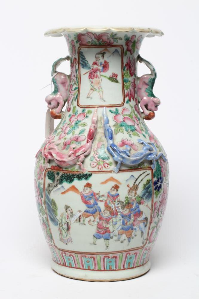 A CANTONESE PORCELAIN FAMILLE ROSE VASE of baluster form with chi-long handles and salamanders Image