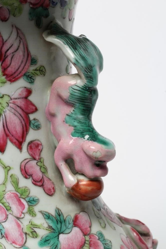 A CANTONESE PORCELAIN FAMILLE ROSE VASE of baluster form with chi-long handles and salamanders Image