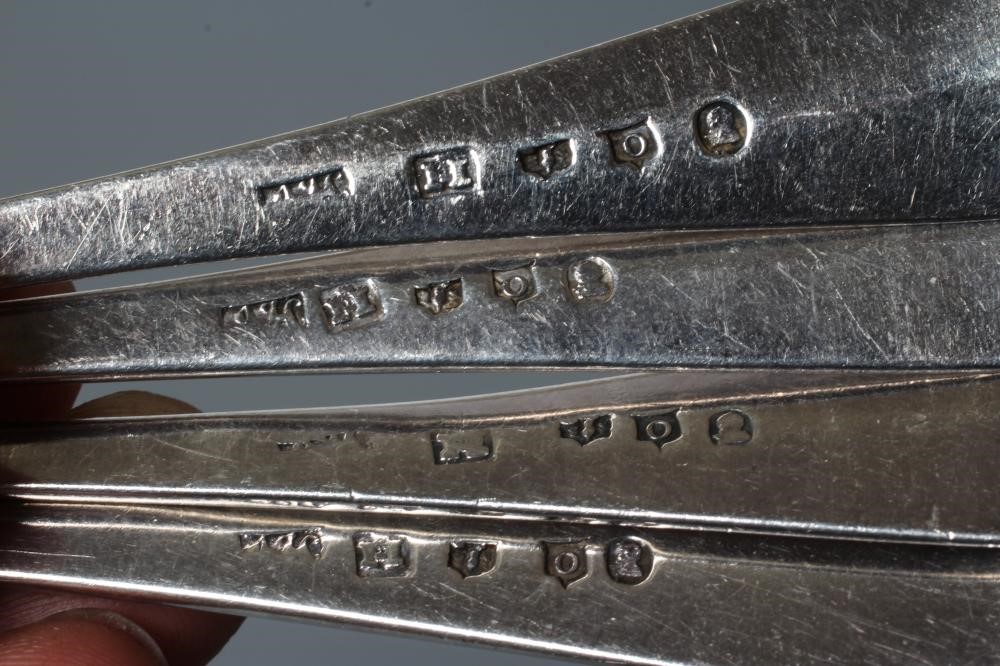 A SET OF EIGHT GEORGE III CELTIC POINT PATTERN SCOTTISH SILVER DESSERT SPOONS, by James Hewitt, Image