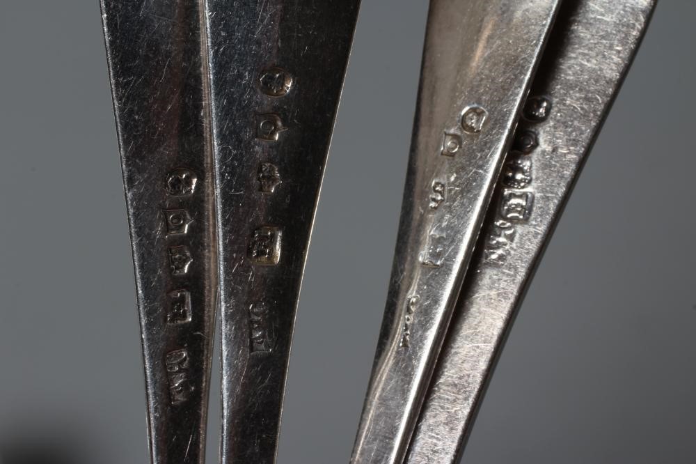 A SET OF EIGHT GEORGE III CELTIC POINT PATTERN SCOTTISH SILVER DESSERT SPOONS, by James Hewitt, Image