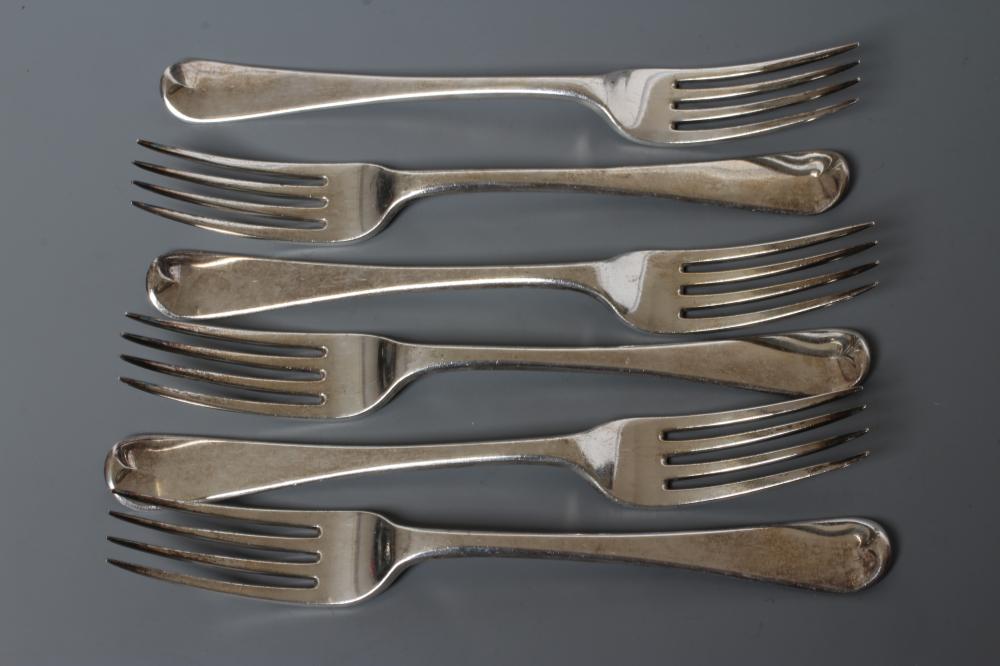 A SET OF SIX GEORGE III OLD ENGLISH PATTERN SILVER TABLE FORKS, by Williams Eley & Fearne, 14ozs Image