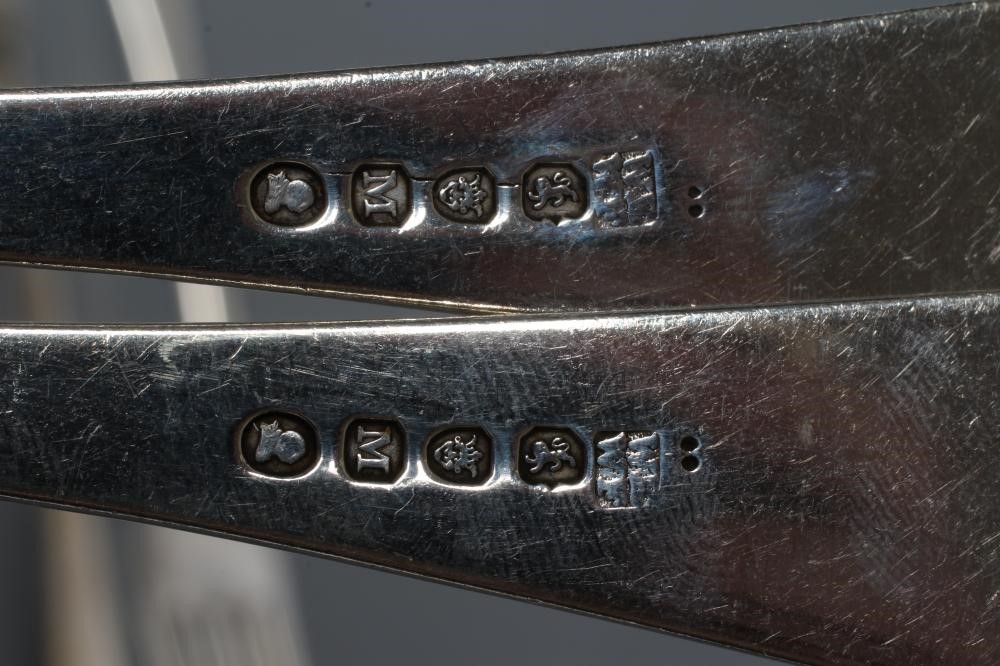 A SET OF SIX GEORGE III OLD ENGLISH PATTERN SILVER TABLE FORKS, by Williams Eley & Fearne, 14ozs Image