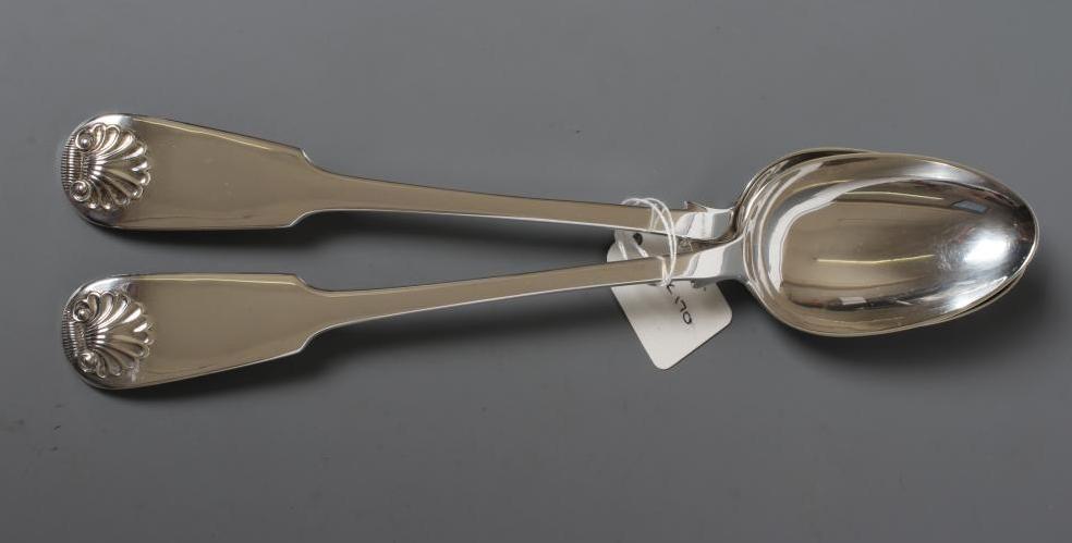 A PAIR OF EARLY VICTORIAN FIDDLE AND SHELL PATTERN SILVER BASTING SPOONS, by Chawner & Co., London Image