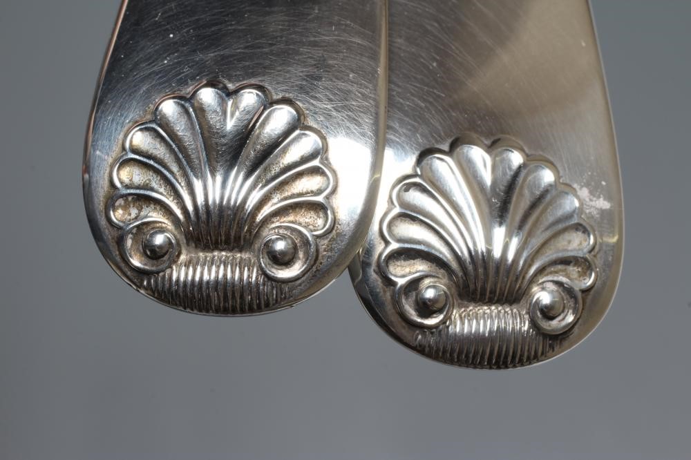 A PAIR OF EARLY VICTORIAN FIDDLE AND SHELL PATTERN SILVER BASTING SPOONS, by Chawner & Co., London Image