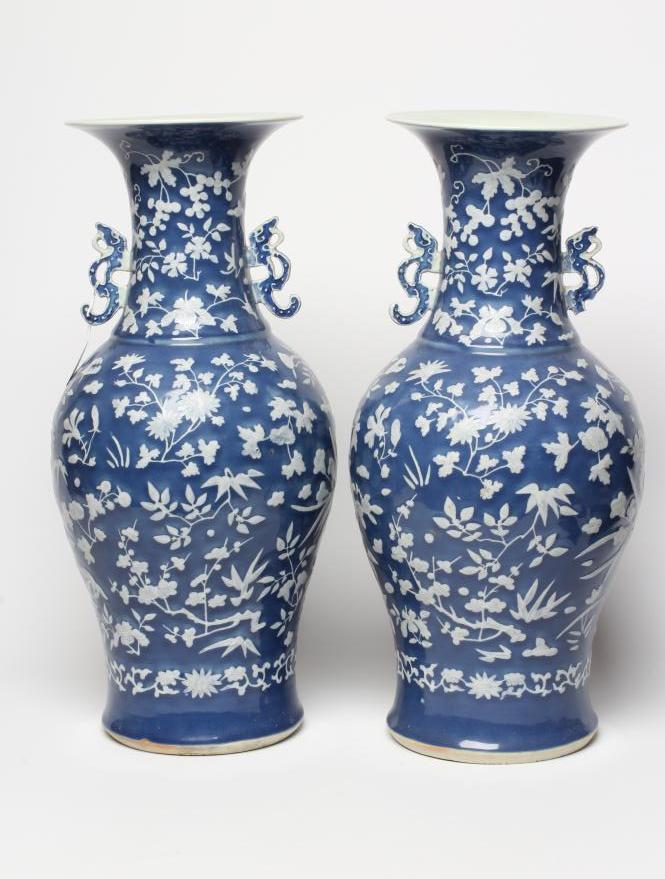 A LARGE PAIR OF CHINESE PORCELAIN VASES of inverted baluster form with two open lug handles Image