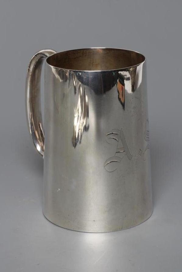 A LATE VICTORIAN SILVER MUG, by Martin, Hall & Co., of plain tapering cylindrical form engraved AS, Image