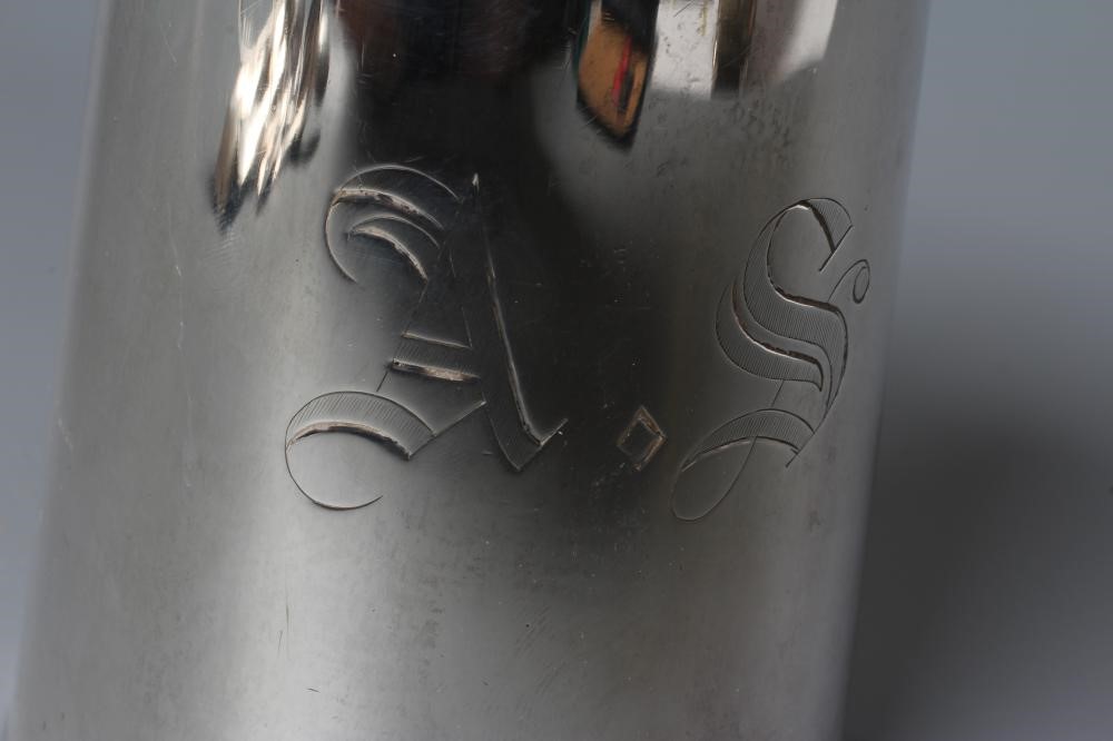 A LATE VICTORIAN SILVER MUG, by Martin, Hall & Co., of plain tapering cylindrical form engraved AS, Image