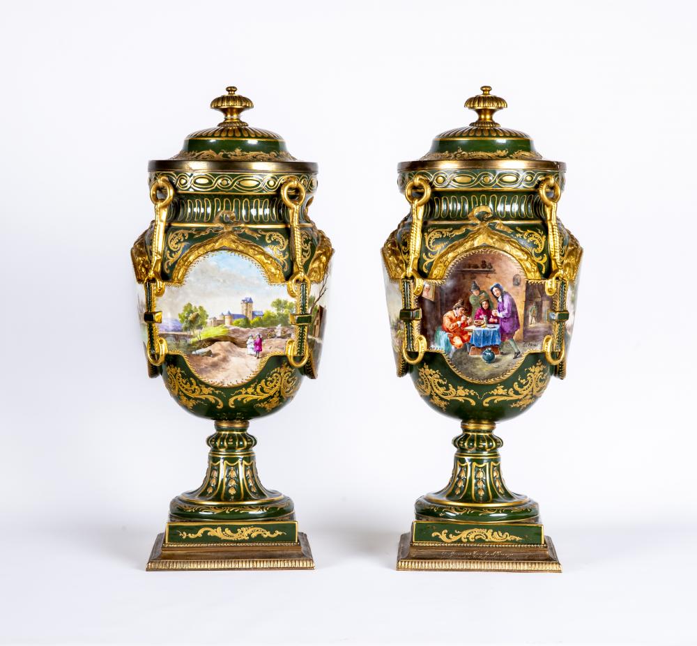 A PAIR OF SEVRES STYLE PORCELAIN GARNITURE VASES AND COVERS Image