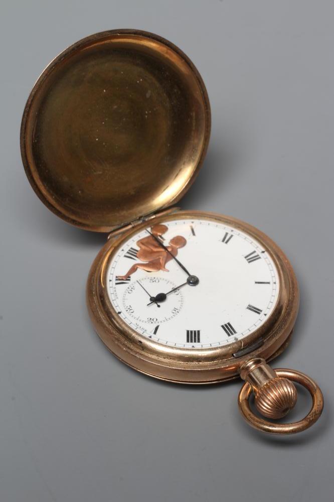 AN EDWARDIAN GOLD PLATED TOP WIND EROTIC AUTOMATON HUNTER POCKET WATCH Image