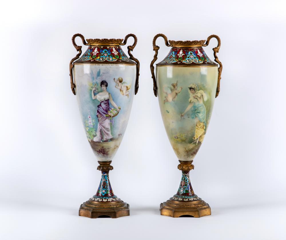 A PAIR OF SEVRES STYLE PORCELAIN GARNITURE URNS Image