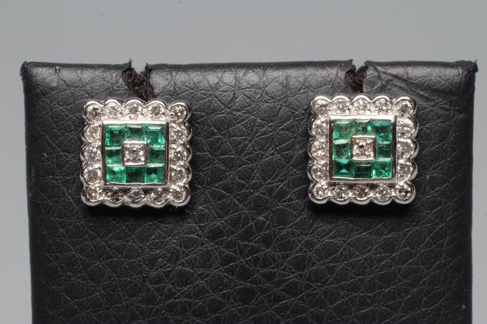 A PAIR OF EMERALD AND DIAMOND SQUARE EAR STUDS Image