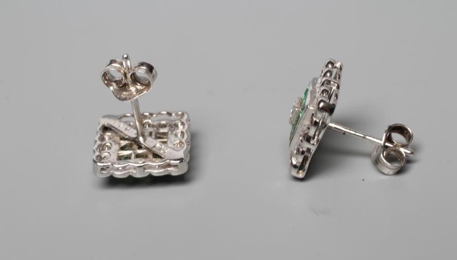 A PAIR OF EMERALD AND DIAMOND SQUARE EAR STUDS Image