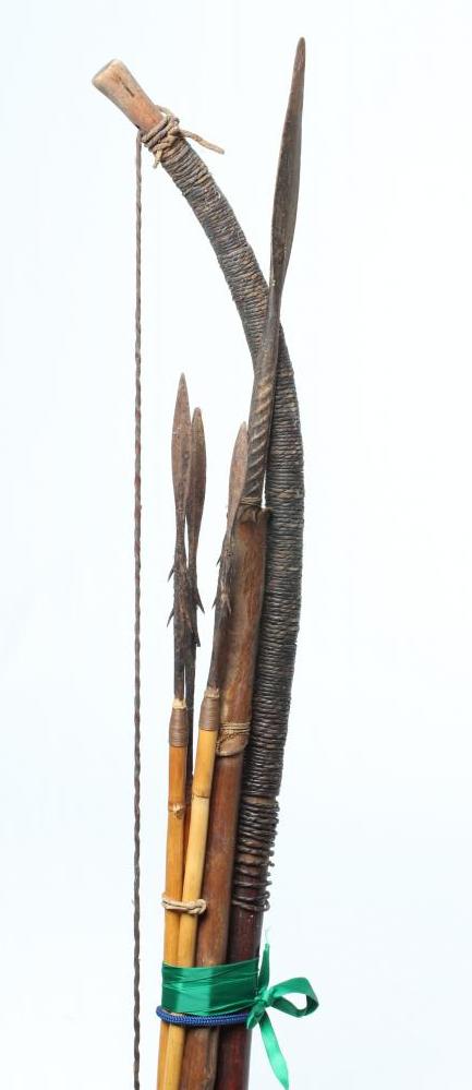 EAST AFRICAN WEAPONS, comprising a 59" long wooden bow with gut wrappings and string, three bamboo Image