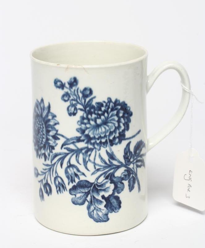A WORCESTER PORCELAIN NATURAL SPRAYS PATTERN MUG, c.1775, of plain cylindrical form printed in Image