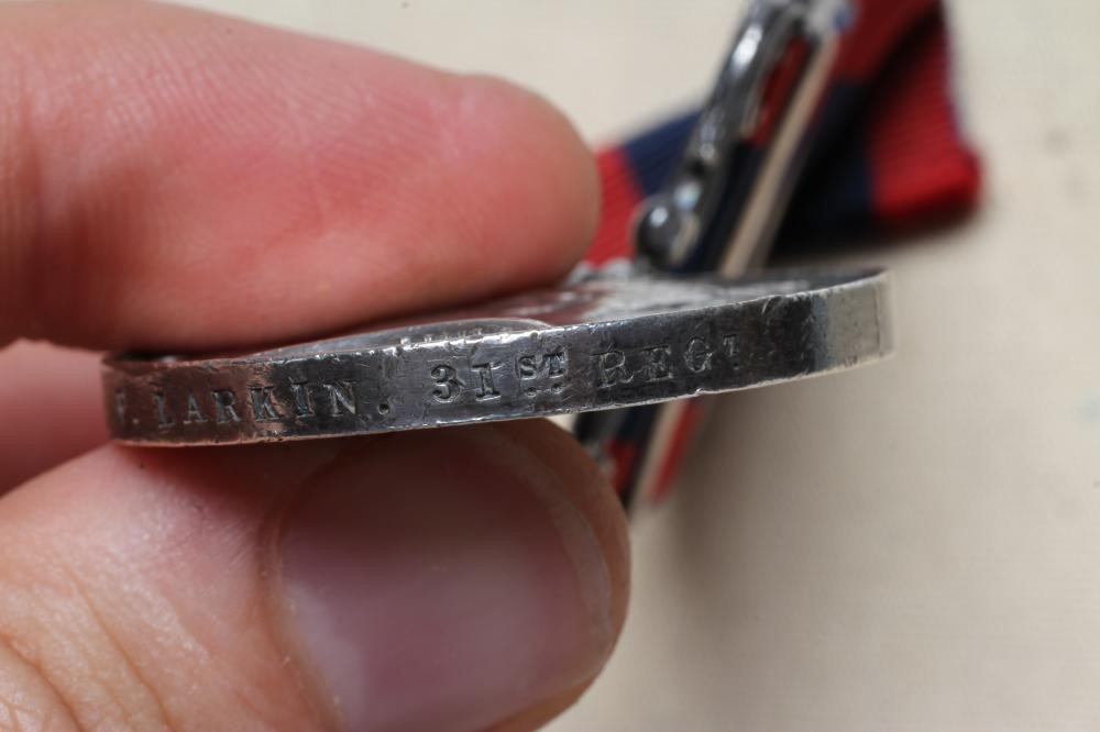 A SUTLEJ MEDAL 1845-46 with Sobraon, Aliwal and Ferozeshuhur clasps, awarded to Patt Larkin of the Image