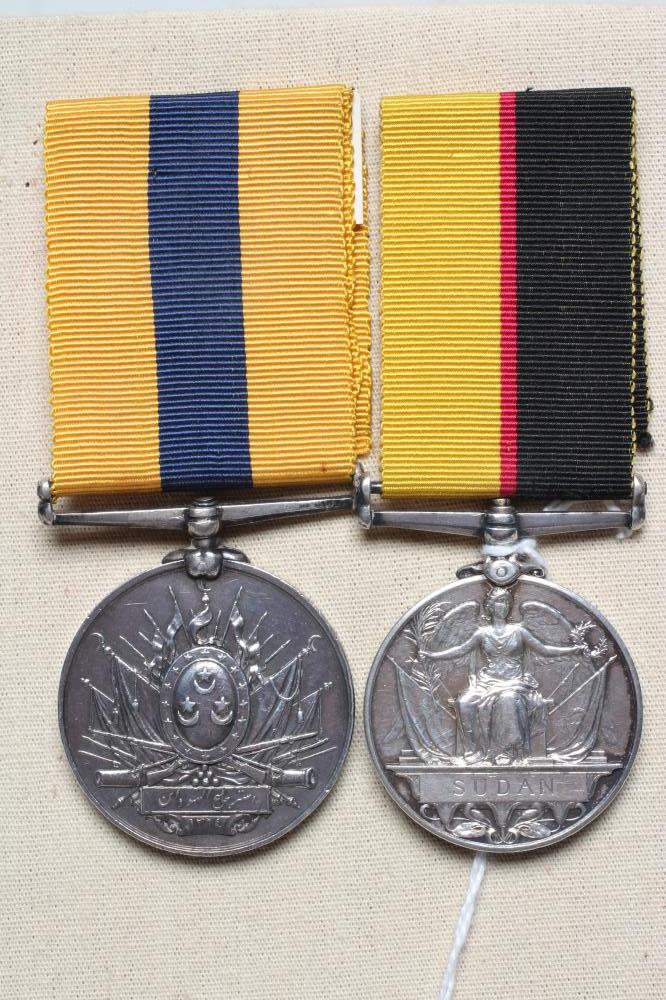 A PAIR OF BRITISH VICTORIAN SUDAN MEDALS, comprising a Sudan Medal and a Khedive's Sudan Medal, Image