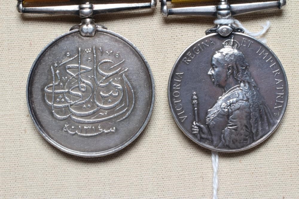 A PAIR OF BRITISH VICTORIAN SUDAN MEDALS, comprising a Sudan Medal and a Khedive's Sudan Medal, Image