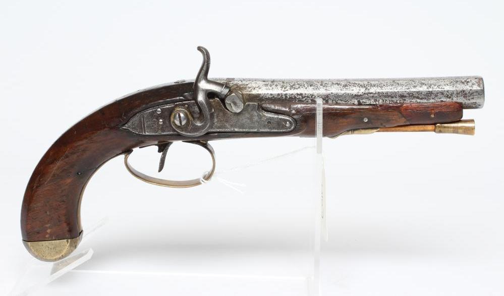 A PERCUSSION PISTOL, action converted from flintlock, with 6" octagonal barrel, stepped action, Image