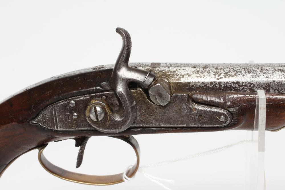 A PERCUSSION PISTOL, action converted from flintlock, with 6" octagonal barrel, stepped action, Image