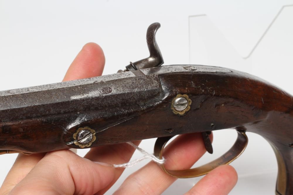 A PERCUSSION PISTOL, action converted from flintlock, with 6" octagonal barrel, stepped action, Image