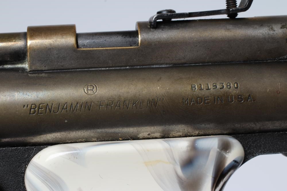 TWO BENJAMIN FRANKLIN AIR PISTOLS, one in .177 and the other in .22, both with turned wood Image