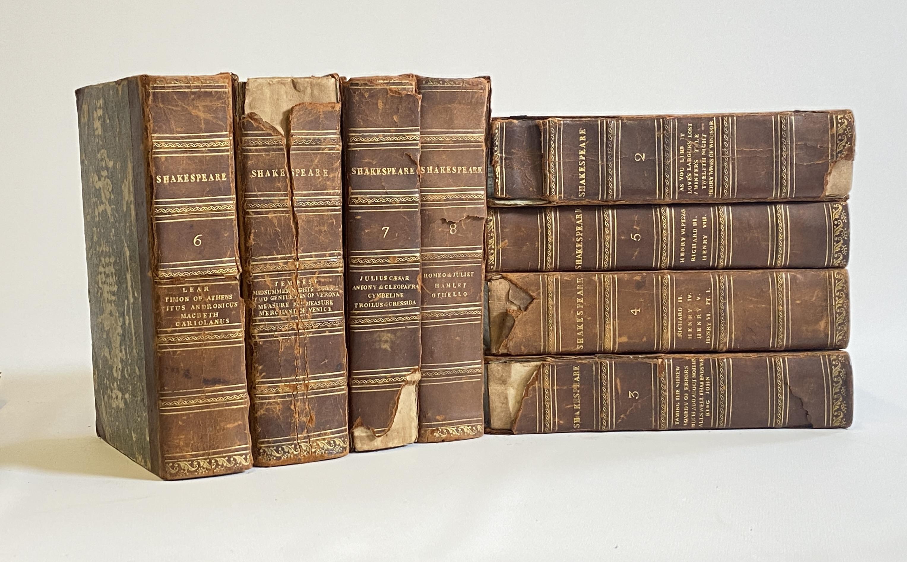 THE PLAYS OF WILLIAM SHAKESPEARE, IN EIGHT VOLUMES. 1755, J. & R. Tonson, half calf bindings, Image
