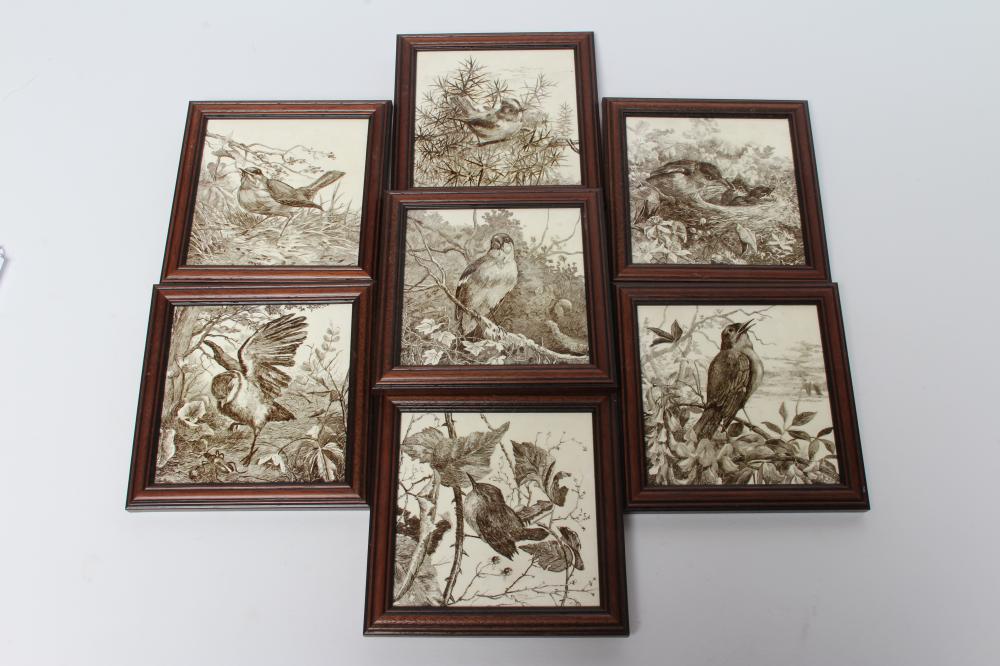 A SET OF SEVEN VICTORIAN MINTONS BRITISH BIRDS TILES designed by William Wise and printed in sepia Image