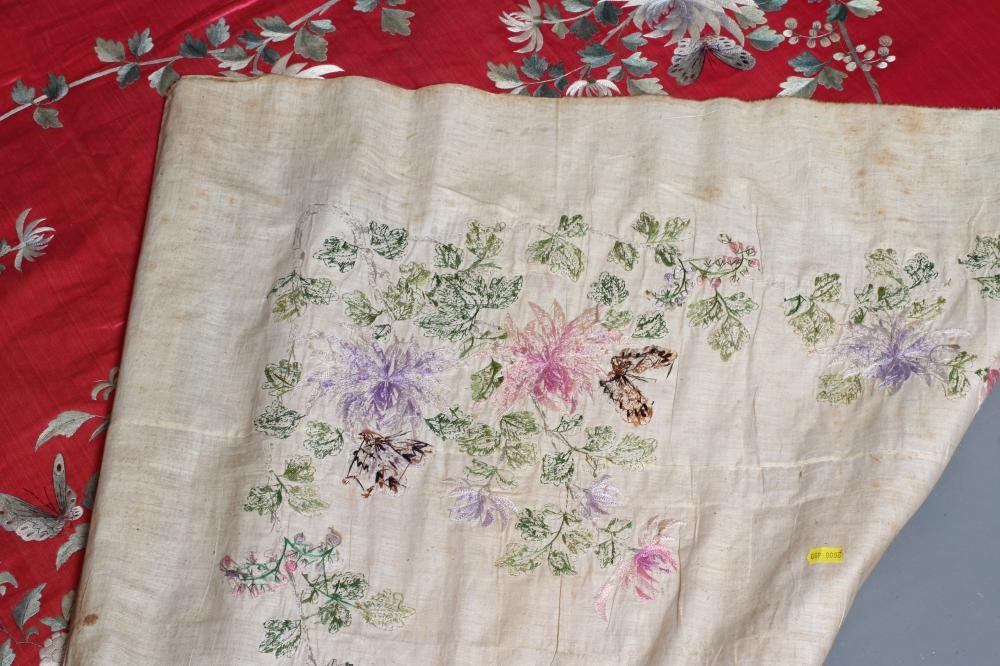 A LARGE CHINESE PINK SILK PANEL embroidered in coloured silks with a central roundel of a pair of Image