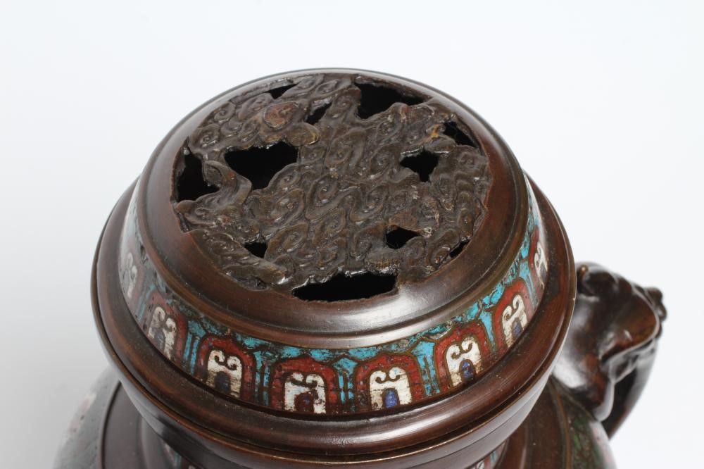 A CHINESE CLOISONNE ENAMEL VASE AND COVER of inverted baluster form with mask scroll handles Image