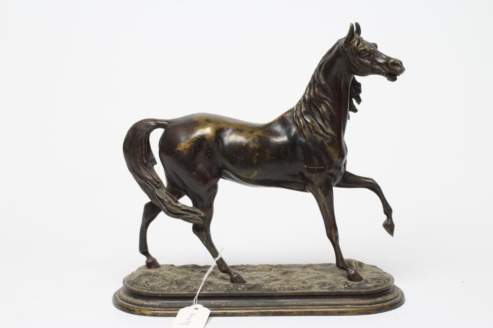 A BRONZE STUDY OF A STALLION, possibly French, 20th century, standing with near front leg raised, on Image