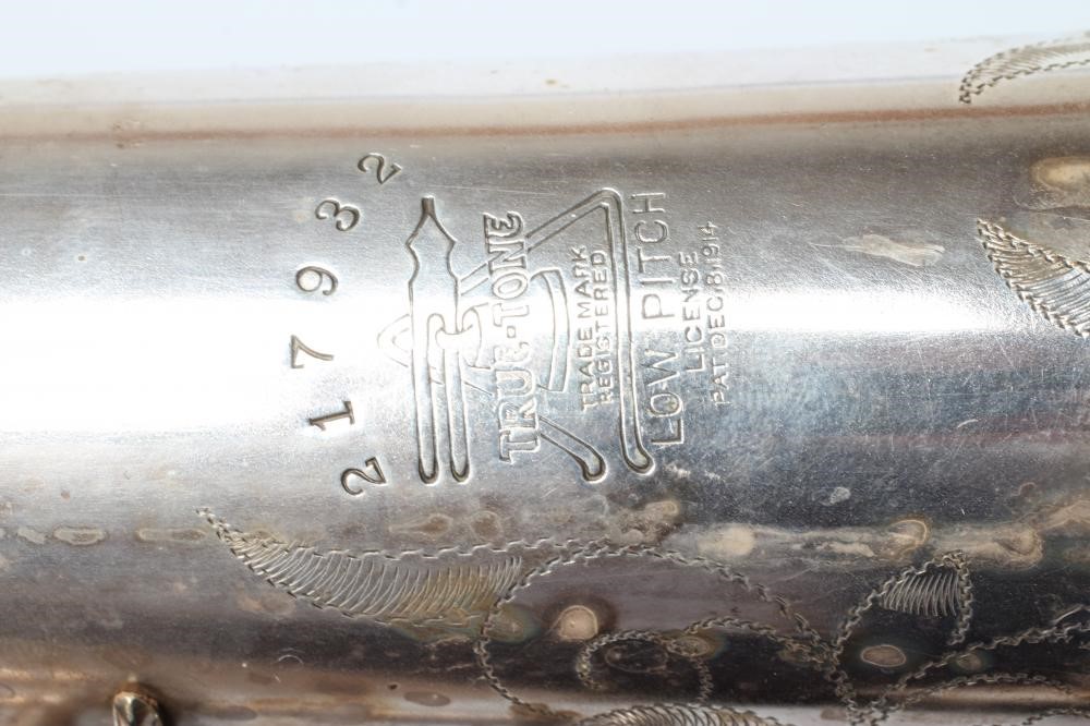 A BUESCHER SILVER PLATED SOPRANO SAXOPHONE, marked Low Pitch, with True-Tone logo and reg. no. Image