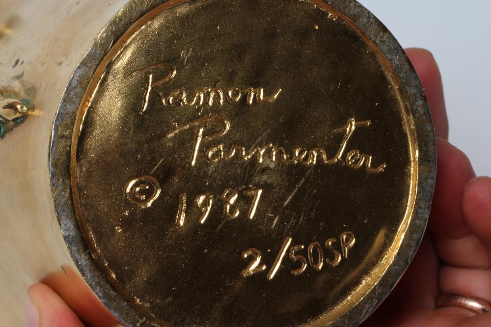 RAMON PARMENTER (American b.1954) a gilded bronze vase of ovoid form with shaped rim and frieze of Image