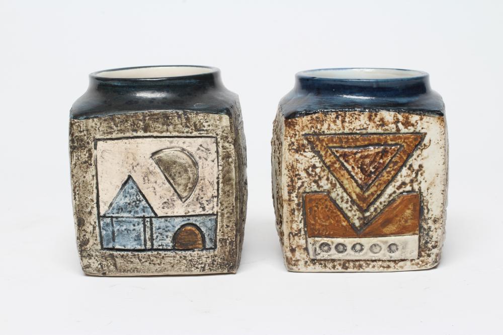 TWO TROIKA MARMALADE POTS BY AVRIL BENNET, each with raised and incised geometric and landscape Image