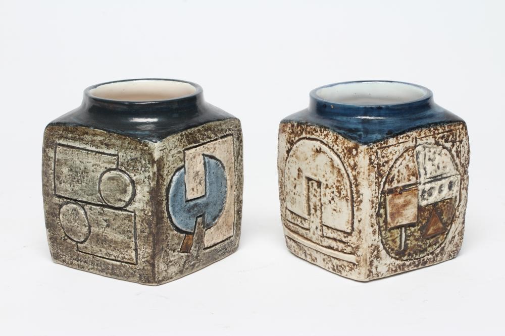 TWO TROIKA MARMALADE POTS BY AVRIL BENNET, each with raised and incised geometric and landscape Image