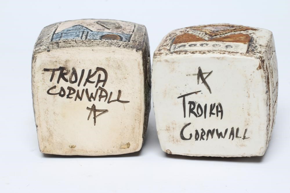 TWO TROIKA MARMALADE POTS BY AVRIL BENNET, each with raised and incised geometric and landscape Image