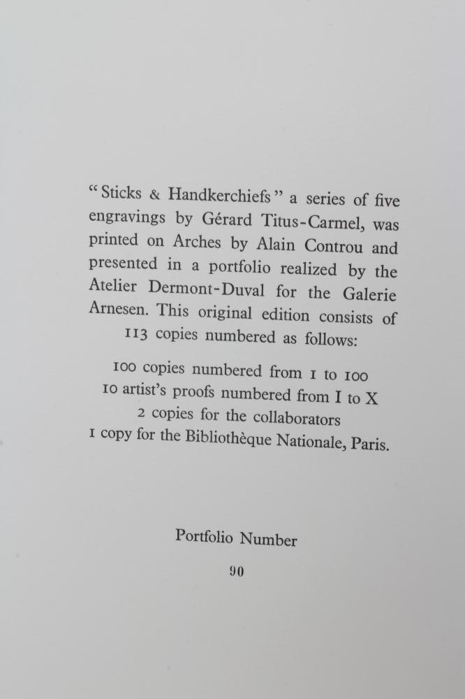 GERARD TITUS-CARMEL (b.1942) Portfolio of five etchings from the series Sticks and Handkerchiefs Image