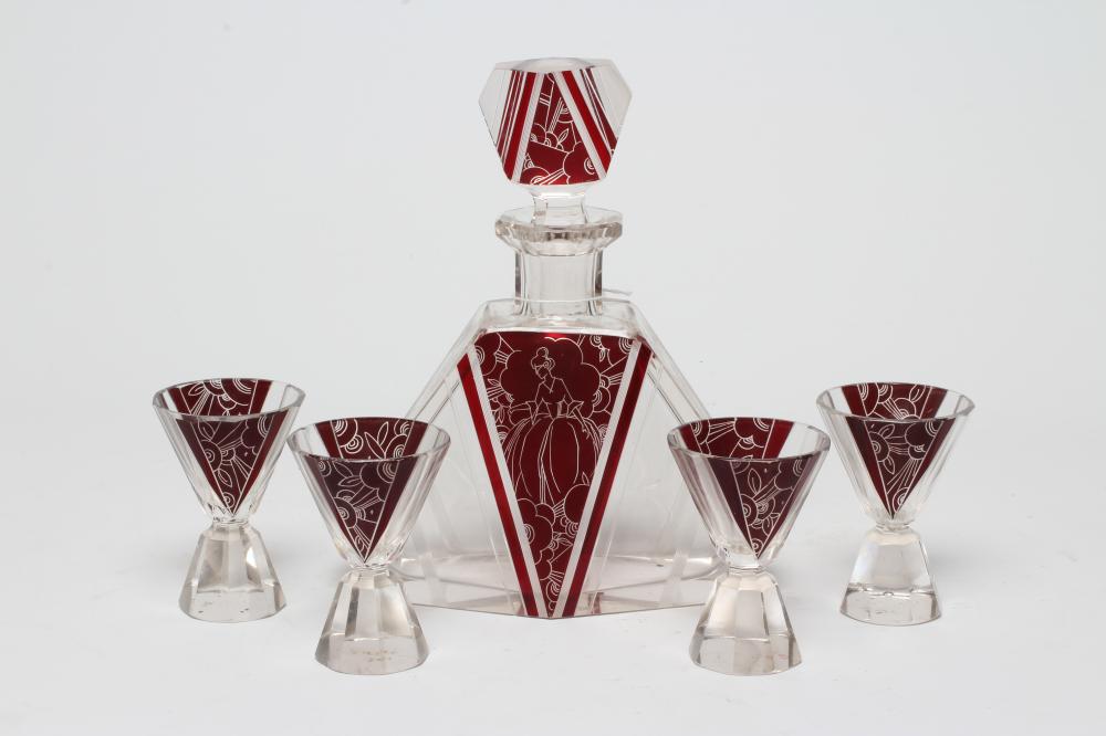 A CZECHOSLOVAKIAN ART DECO RED FLASHED GLASS LIQUEUR SET of angular form Image