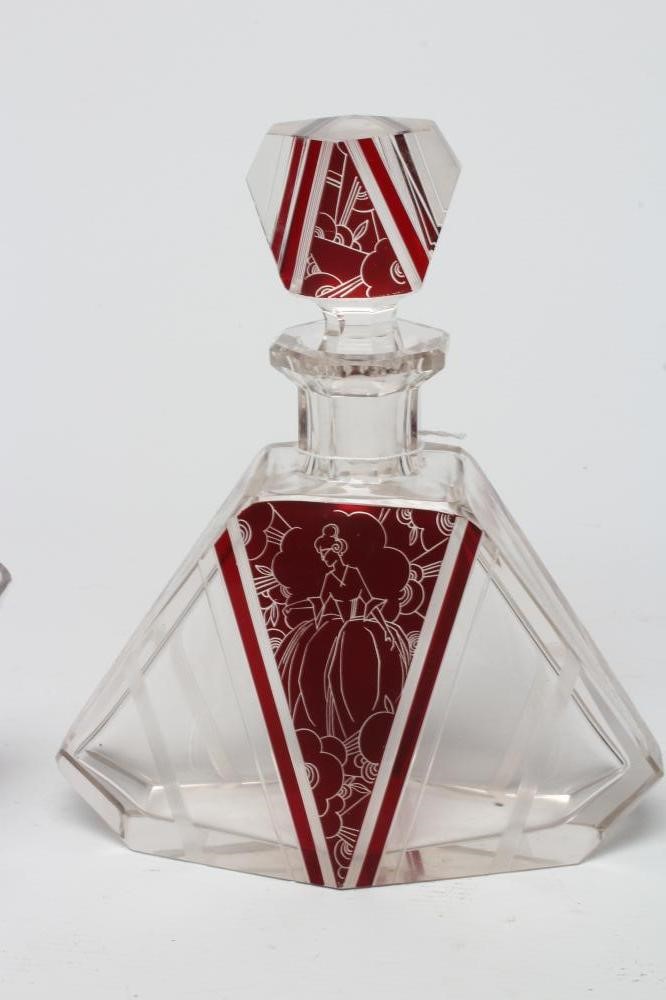 A CZECHOSLOVAKIAN ART DECO RED FLASHED GLASS LIQUEUR SET of angular form Image