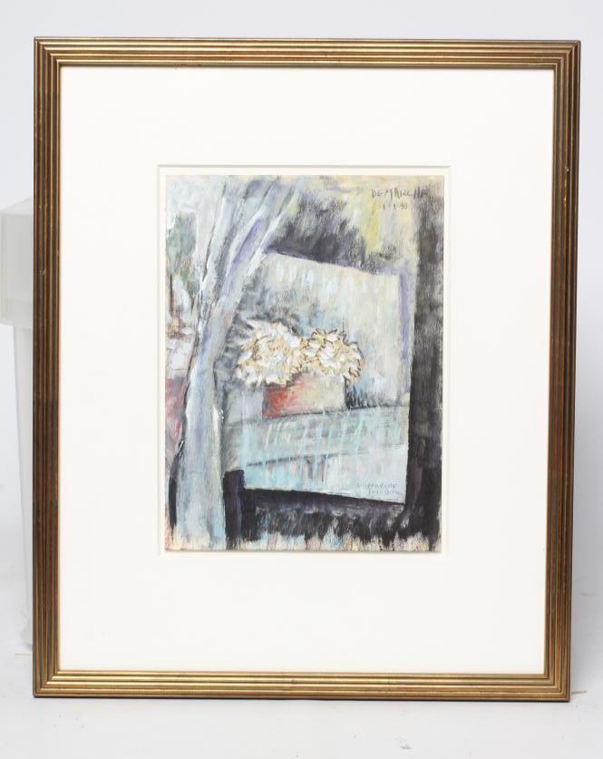 JOSUÉ DEMARCHE (b.1958) Flowers in a Window, signed lower right, dated 1-1-90, mixed media on paper, Image