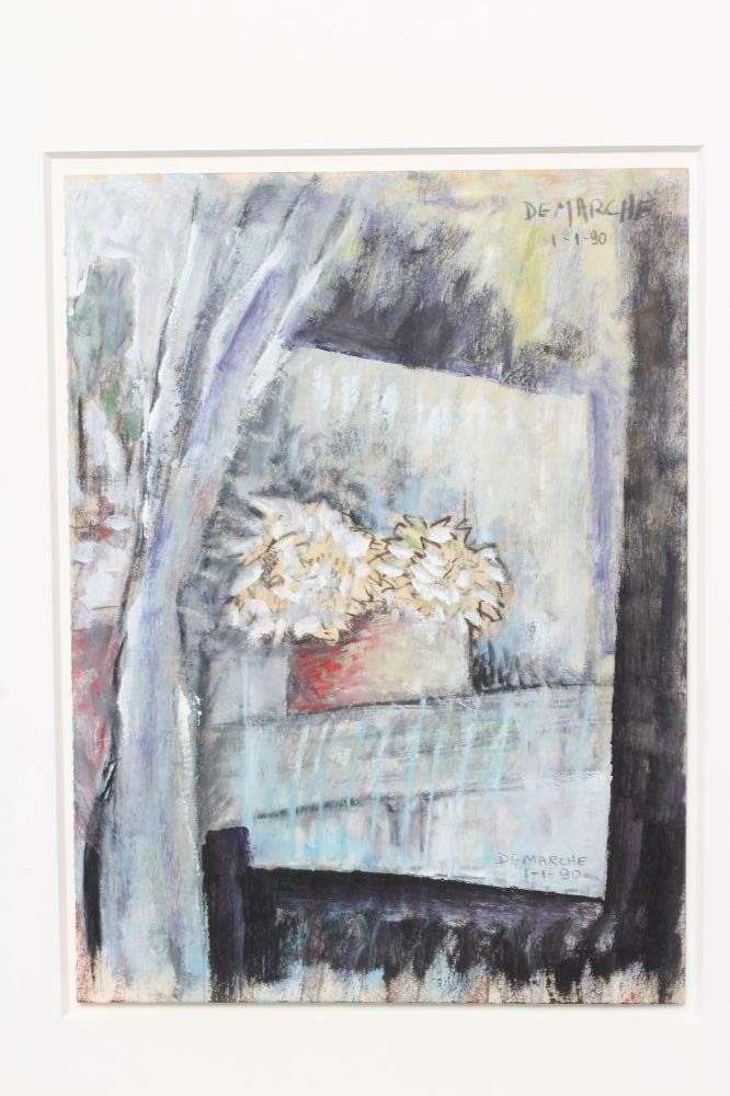 JOSUÉ DEMARCHE (b.1958) Flowers in a Window, signed lower right, dated 1-1-90, mixed media on paper, Image