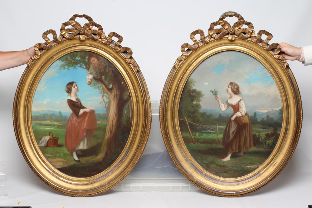 AIMÉ GABRIEL-ADOLPHE BOURGOIN (1824-1874) Young Lady Holding a Rose in a Rural Landscape Image