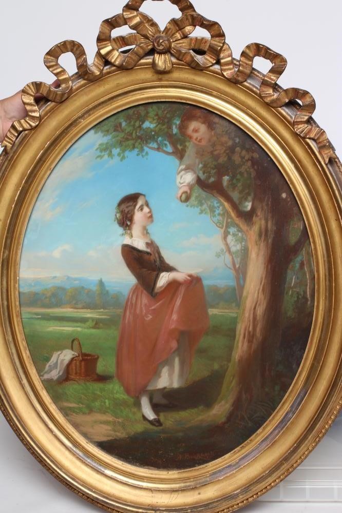 AIMÉ GABRIEL-ADOLPHE BOURGOIN (1824-1874) Young Lady Holding a Rose in a Rural Landscape Image