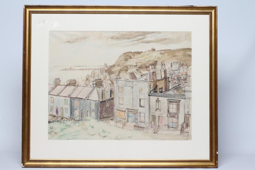 NORMAN SMITH NEAC (1910-1996) Coastal Town, unsigned, artist's label verso, mixed media, 17" x 22 Image