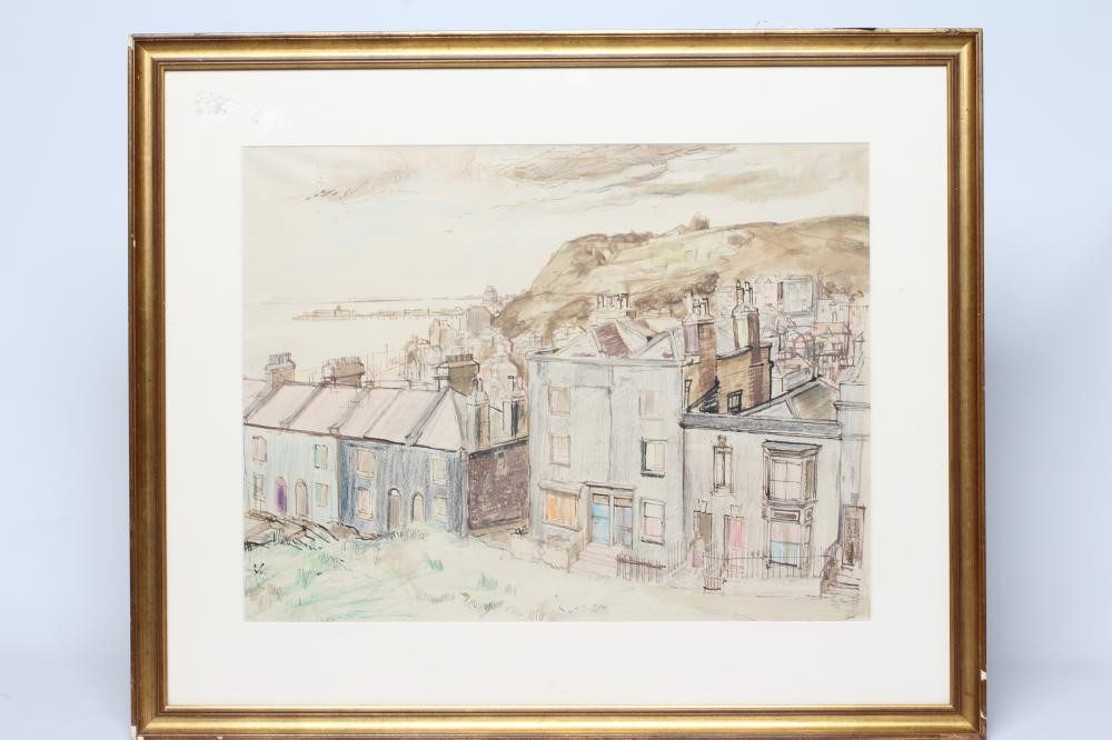 NORMAN SMITH NEAC (1910-1996) Coastal Town, unsigned, artist's label verso, mixed media, 17" x 22 Image