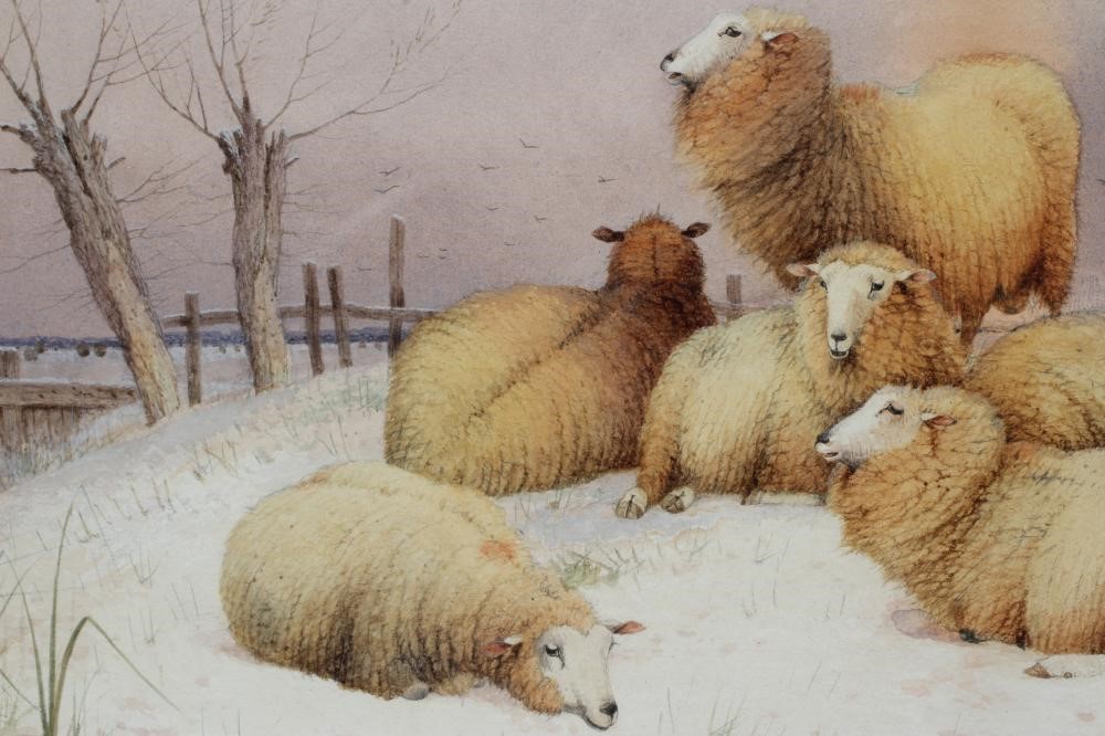THOMAS SYDNEY COOPER (1803-1902) Sheep in a Snowbound Landscape, signed lower left, watercolour over Image