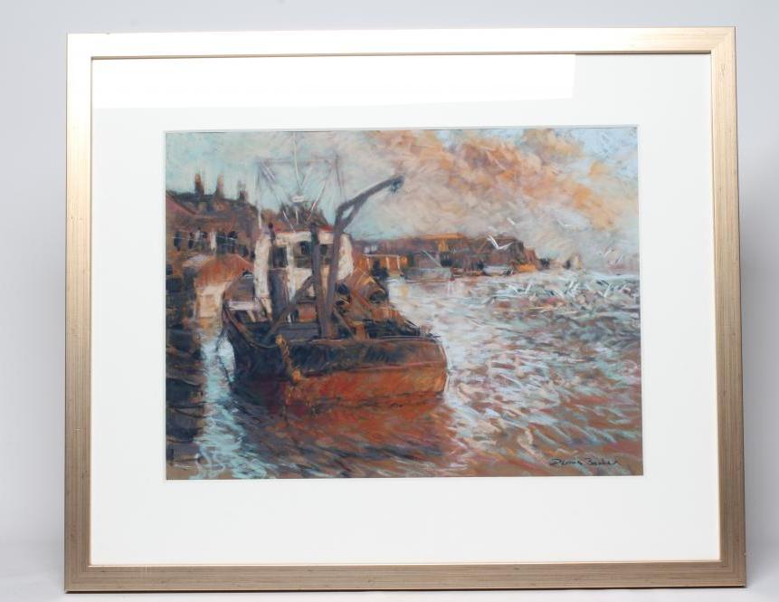 DENNIS BARKER (20th Century) Quayside, signed lower right, inscribed with title on label verso, Image