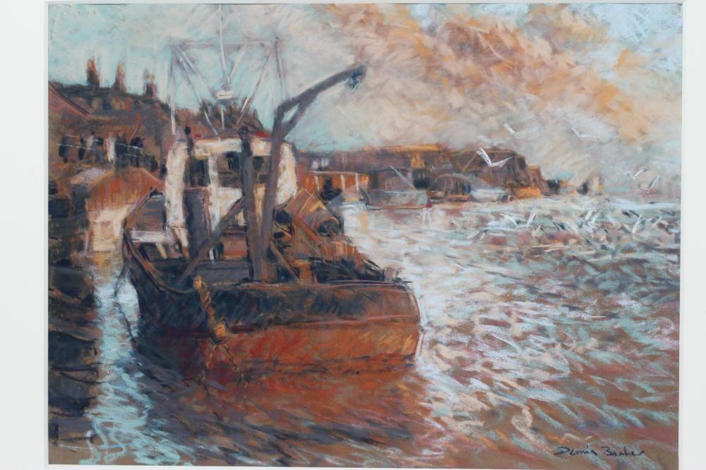 DENNIS BARKER (20th Century) Quayside, signed lower right, inscribed with title on label verso, Image